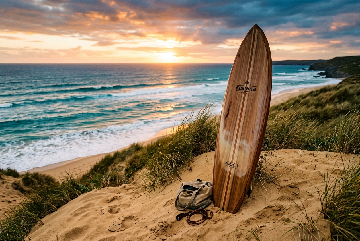 Handcrafted wooden surfboard standing in golden coastal sand dunes at sunset